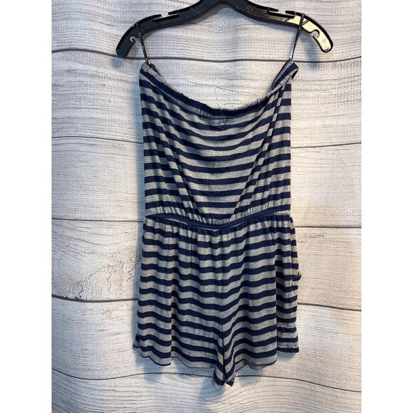 Forever 21 Striped Blue & Gray Romper With Pockets & Button Details Size L - Picture 3 of 3